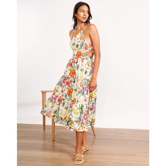 Chelsea & Violet Dresses & Skirts - Chelsea & Violet Tropical Floral Print Tiered Midi Dress Linen Blend Tie Back